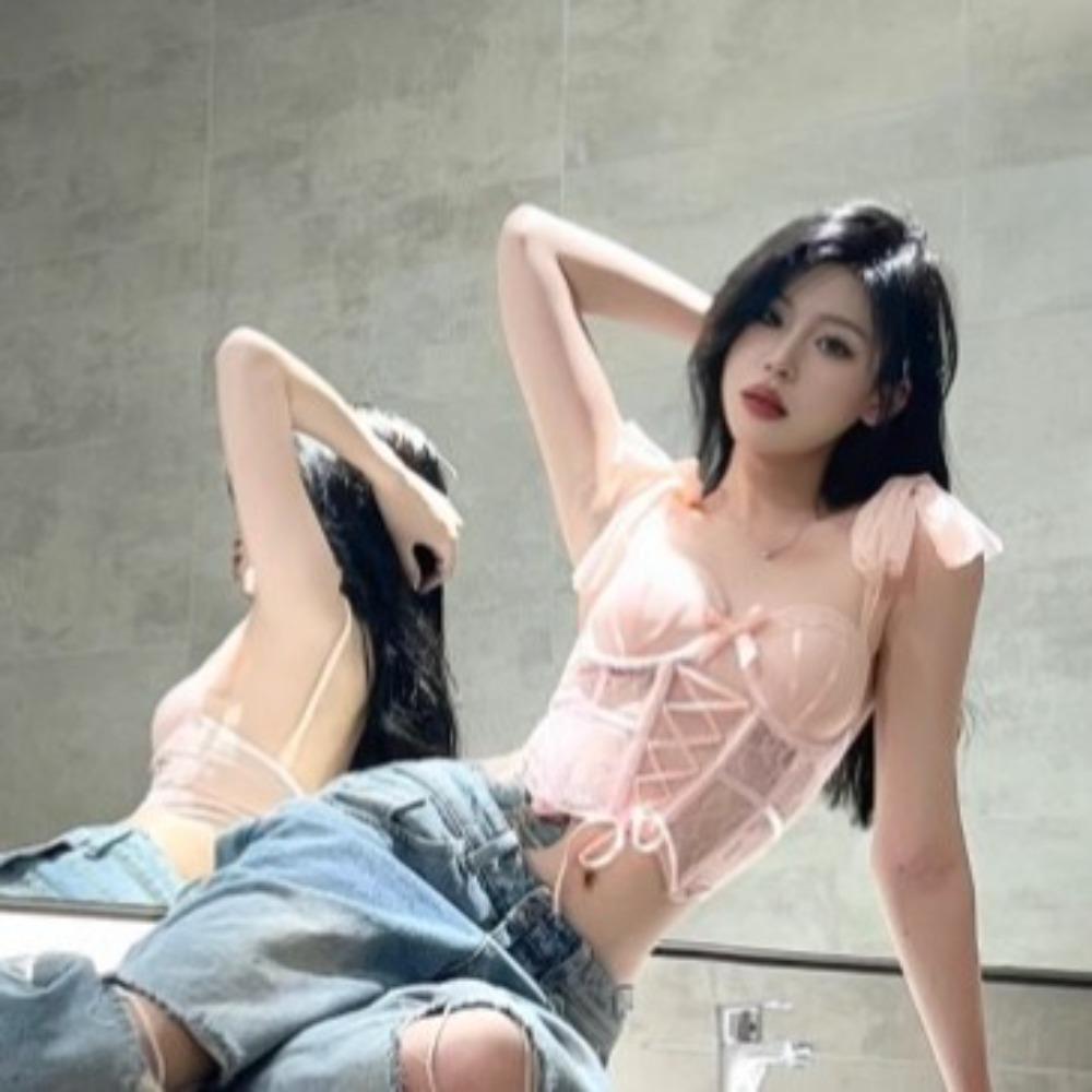 Hollow Mesh Women Lingerie Uniform Passionate Set Bow Lace Corset  Home Travel