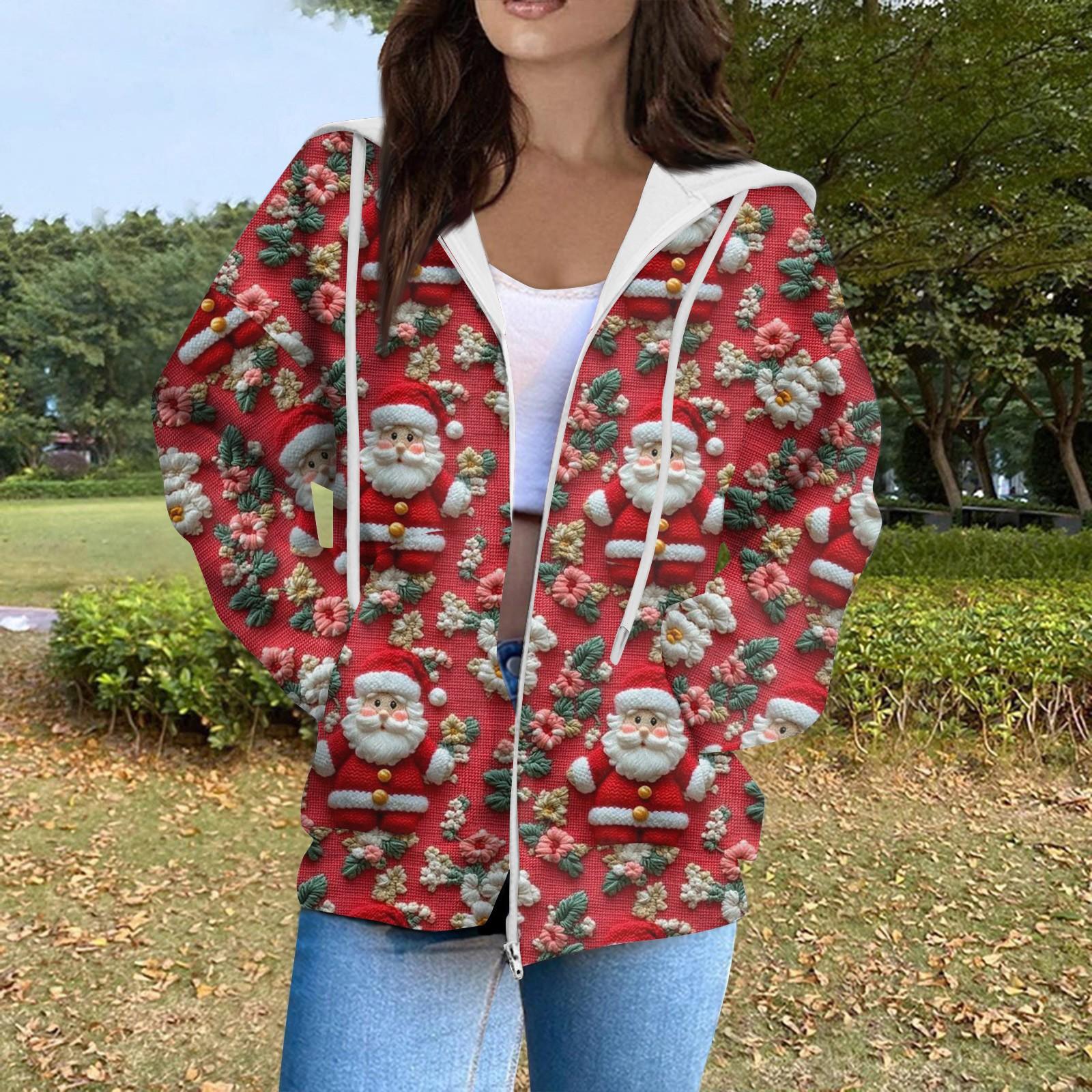 

Женская мода повседневный длинный рукав рождественский принт кардиган пальто с карманом на молнии XXL красный