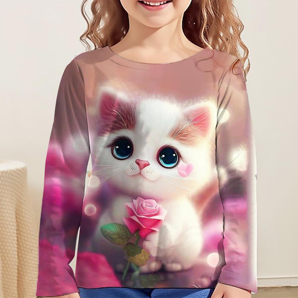 Cute Cartoon Cat Print Clothes Autumn Children Top Round Neck Long Sleeve T-Shirt Fashionable Comfortable Versatile Leisure T-shirt