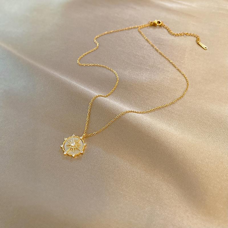DIEYURO Stainless Steel Fashion Personality Geometric Zircon Necklace Shell Flower Pendant Hong Kong Clavicle Chain Gift