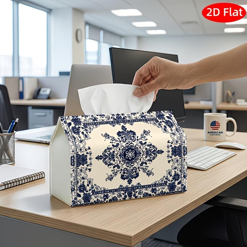 2D Flat, 1pc Tissue Box, Printed on Both Sides, Tissue Box Holder Blue and White Tile Pattern Multifunctional Napkin Dispenser for Home, Party, Car De