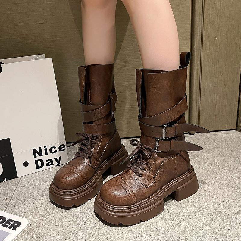 Mode Winter Damen Bikerstiefel Mode Gürtelschnalle Damen Elegant Plateau Flats Kurze Stiefeletten Lässige Damen Ritterstiefeletten