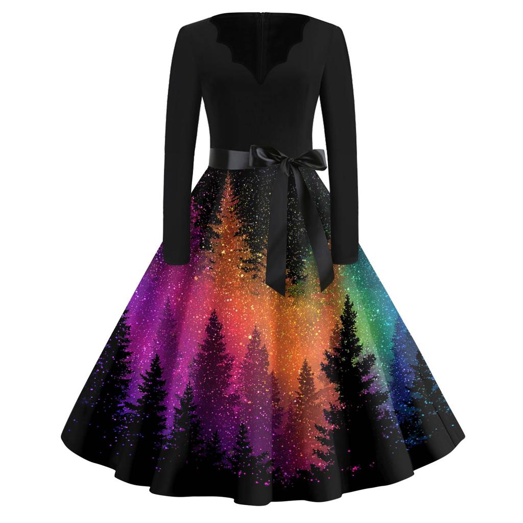 Women's Fashion V-Neck Relaxed-Fit Christmas Print Long-Sleeved Dress