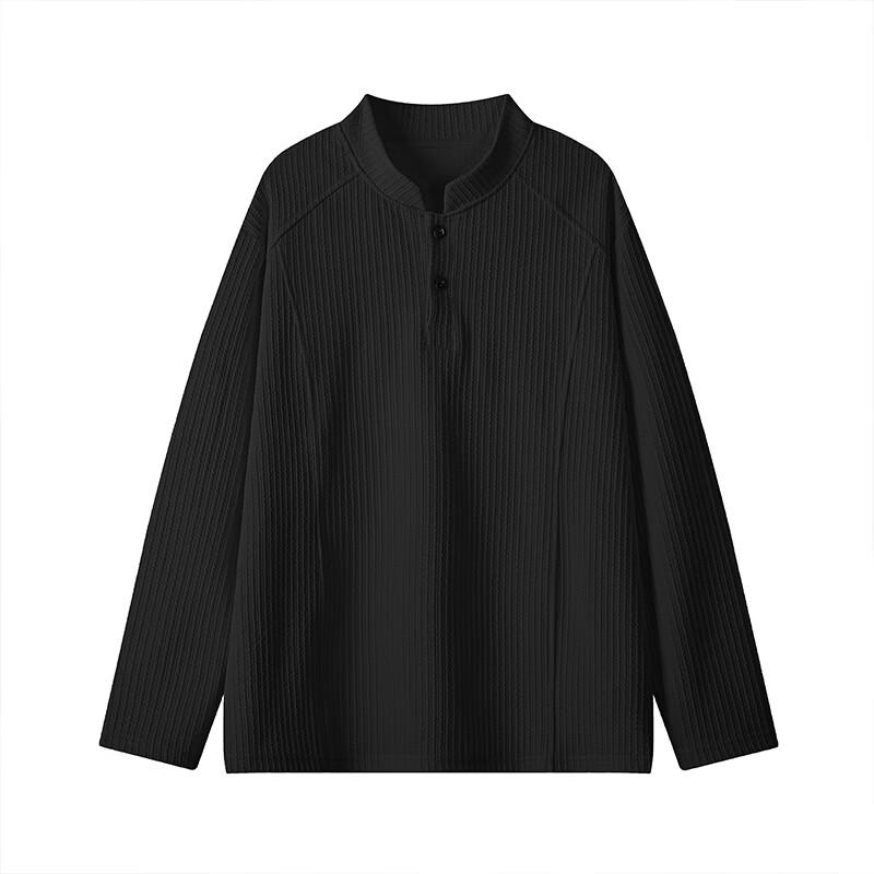 Wassup Sohot American Style Henry Collar Long Sleeve Polo Shirt