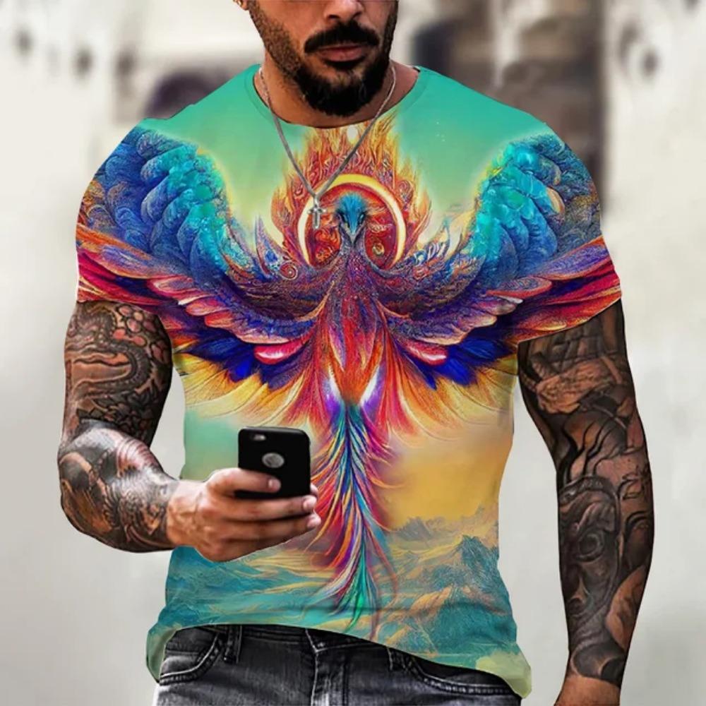 Anime Cartoon Phoenix 3d Printing Gorgeous and Cool Men's Summer Avant-garde Personality Round Neck Short-sleeved Casual T-shirt