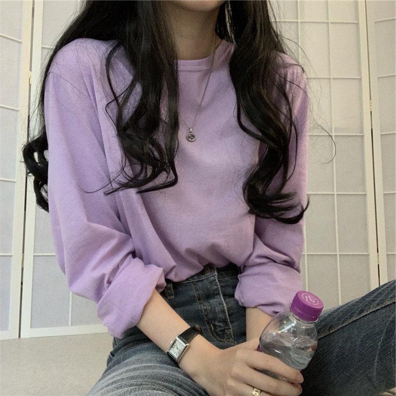 2023 Korean Style Women's Solid Color Long Sleeve T-shirt - Loose Fit, All-Match, for Spring & Autumn