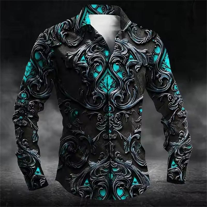 Men's Fashion Retro Textured Print Shirt, Long-Sleeve Lapel Outdoor Street Style Trendy Versatile Men's Top