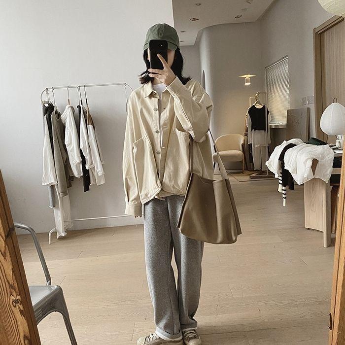 Women's Loose-Fit Retro Workwear Jacket with Large Pockets - Plus Size, Slimming, Solid Color, Spring/Autumn