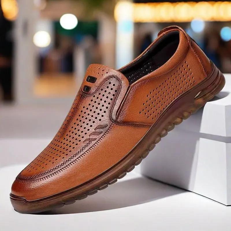Fashion Outdoor Plain Black Male Casual Shoe Soft Mesh Oxfords Summer Sale Cowhide 2025 Trend On Retro Slip-on Pu Men's Leather Shoes