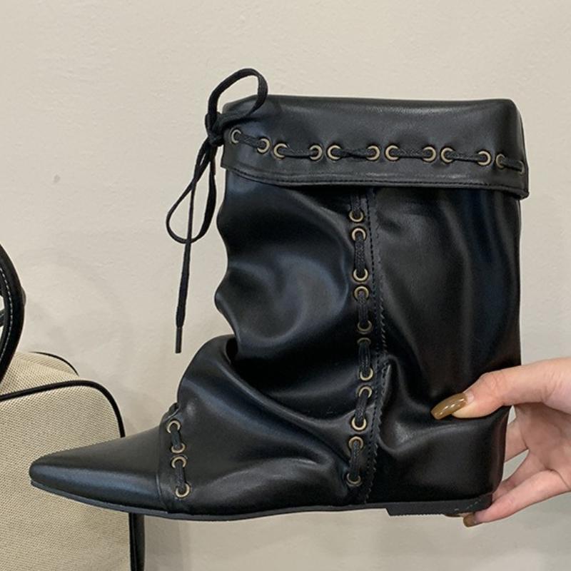 Fashion NEW Punk Vintage Insoles Height Wedges Heels Pointed Toe Women Ankle Boots Autumn Winter Designer Lace-up Dress Ladies Shoes