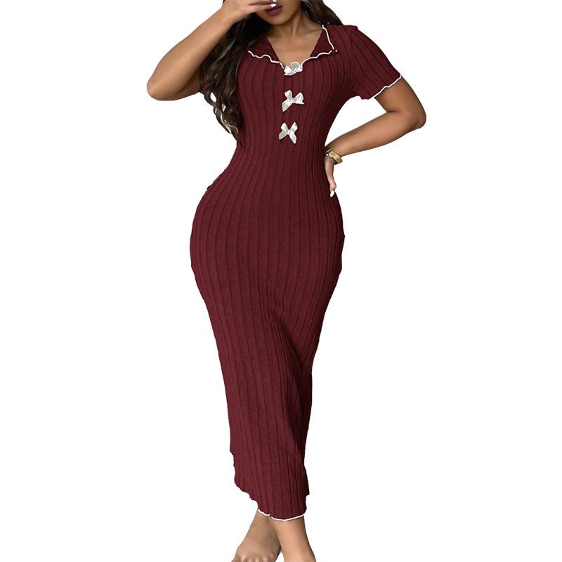 Sweet Bow Women's Mid-Length Nightdress - Early Autumn Pajamas and Home Wear Collection