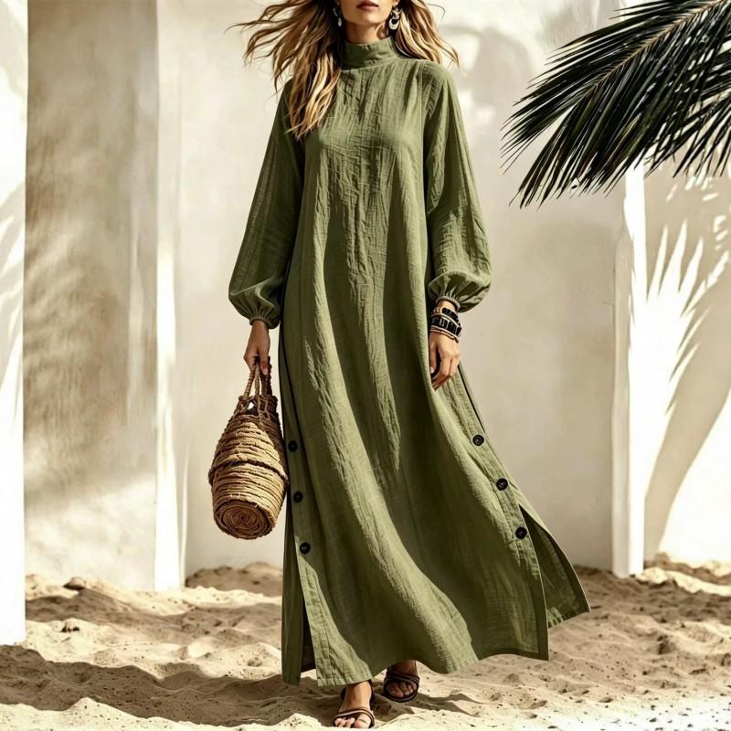 Half Turtleneck Long Dress Side Button Slit Loose Womens Fall Vacation