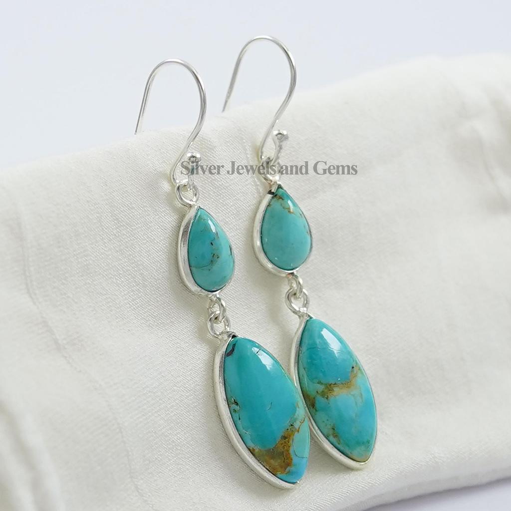 Natural Turquoise Earring, 2 Stone Bezel Earring, 925 Sterling Silver Hanging Earrings, Wedding Gift, Handmade Long Earrings