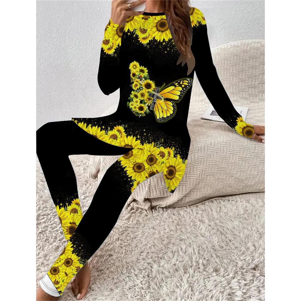 Euroamerikanische Mode 3D Schmetterlingsdruck Damen Vier-Jahreszeiten Langarm T-Shirt + Lange Hose Zweiteiler. Das perfekte Geschenk für Neujahr