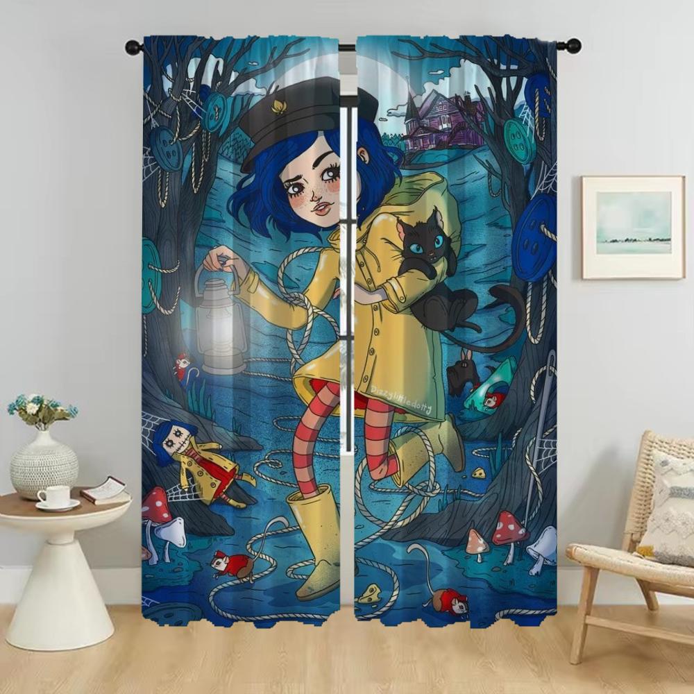 Coraline Elegant Room Curtains 2 Pieces Kitchen Curtains for Camera Living Room Curtain Halloween Decoration Shades Partition