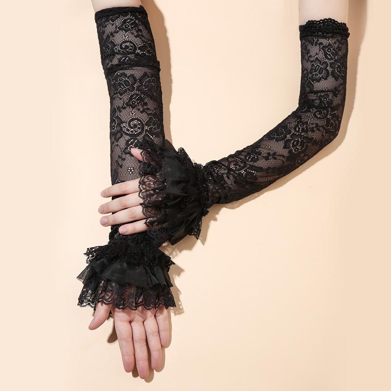 Girl Beautiful Flowers Lace Gloves Trendy Summer Sun Protection Hollow Out Sweet Long Arm Sleeves Fingerless Wedding Gloves