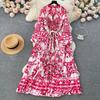 Palace Style Round Neck Print Lantern Sleeve Loose Dress