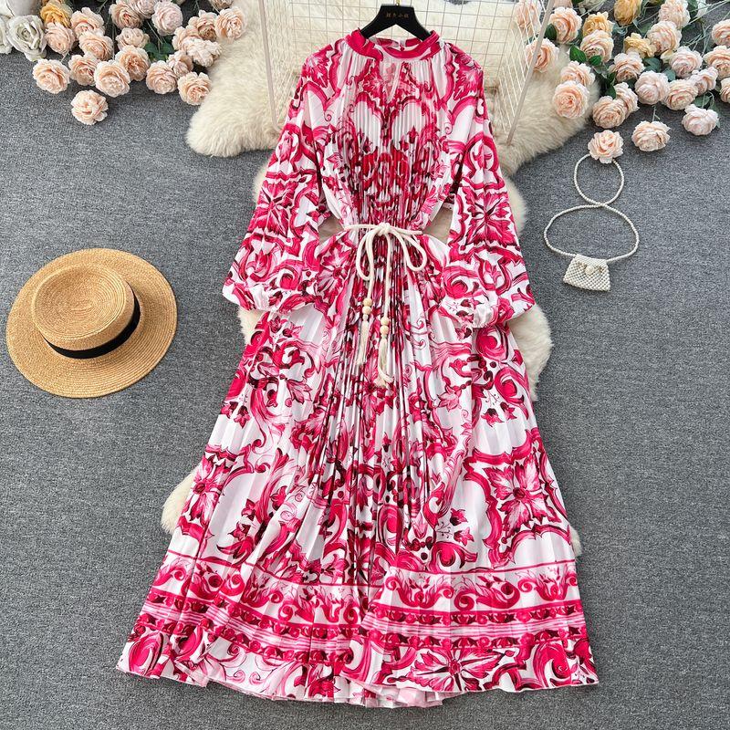 Palace Style Round Neck Print Lantern Sleeve Loose Dress