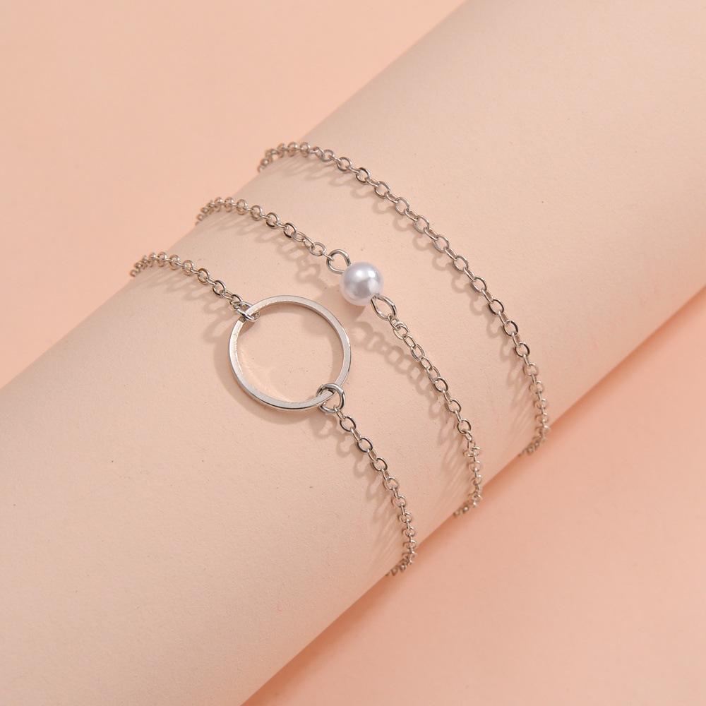 Personalized New Women's Bracelet Geometric Round Pearl Multi-layer Stacked Metal Bracelet 3-piece Set
