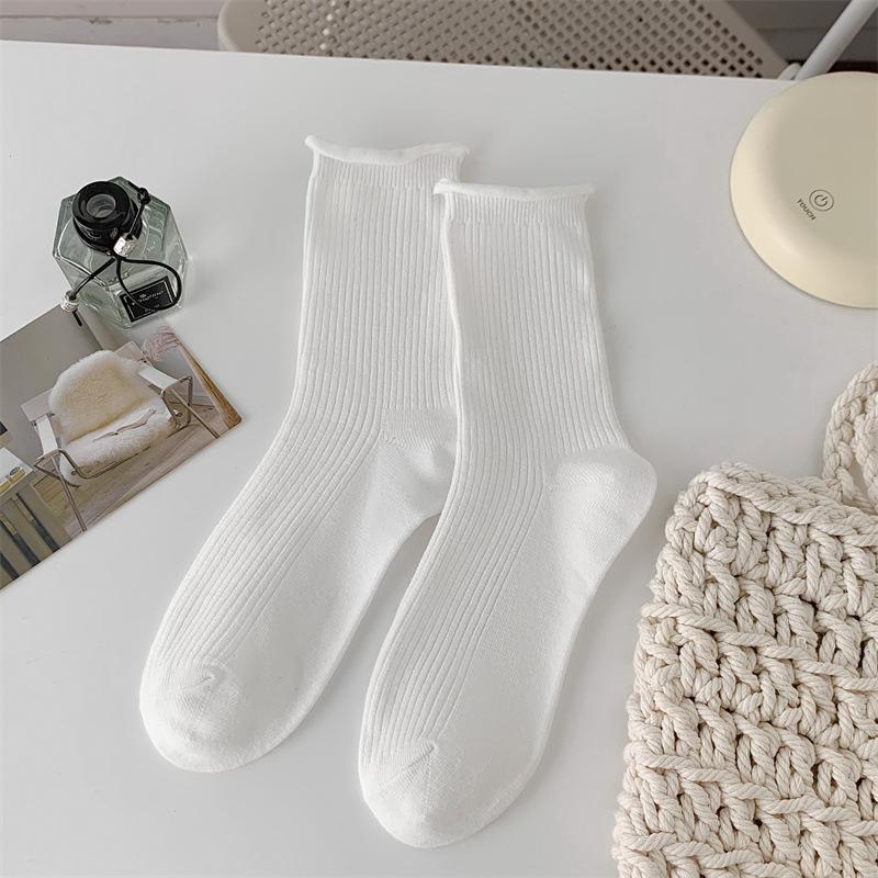 Rolowane Skarpety z Puszystej Bawełny dla Kobiet, Skarpety Bawełniane do Połowy Łydki Jednokolorowe na Wiosnę i Jesień, Beżowe Proste i Uniwersalne Długie Skarpety, Lato