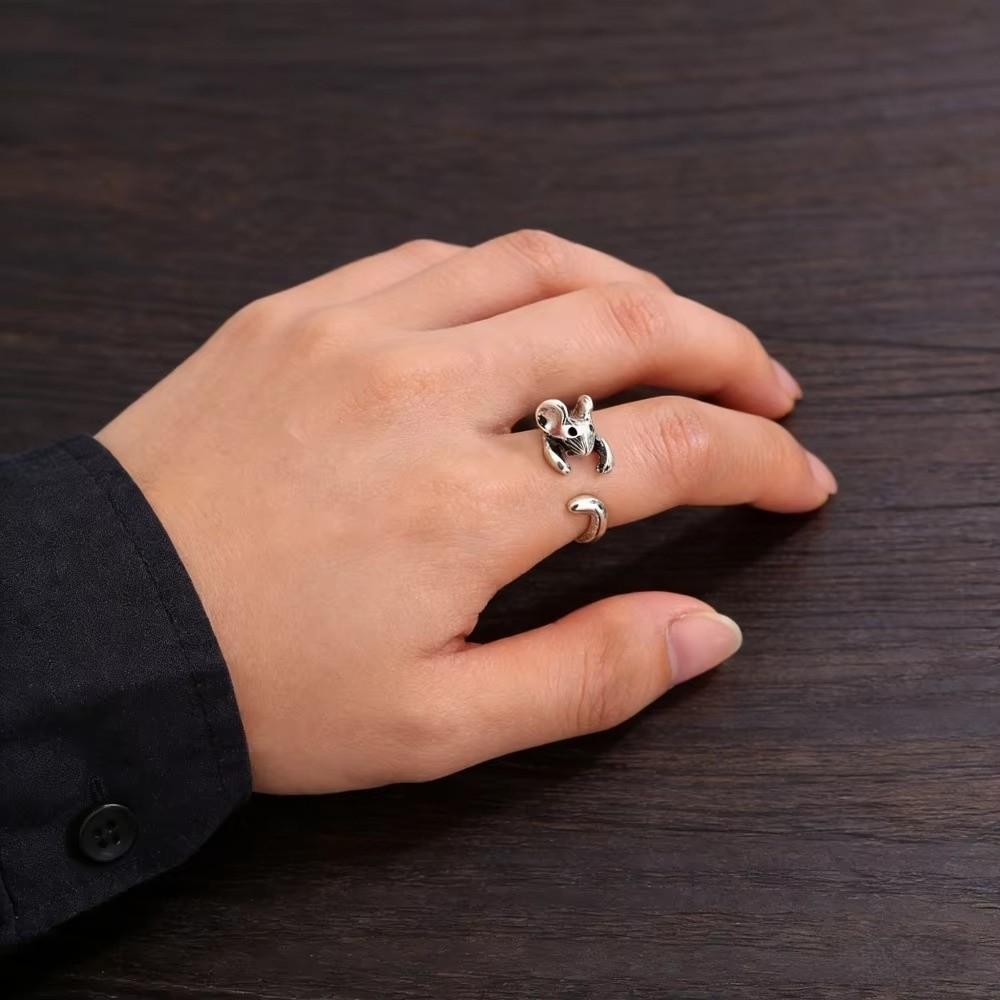 Zinc Zinc Alloy Adjustable Ring Silver Animal Ring Fashion Retro Mouse Ring  Gift