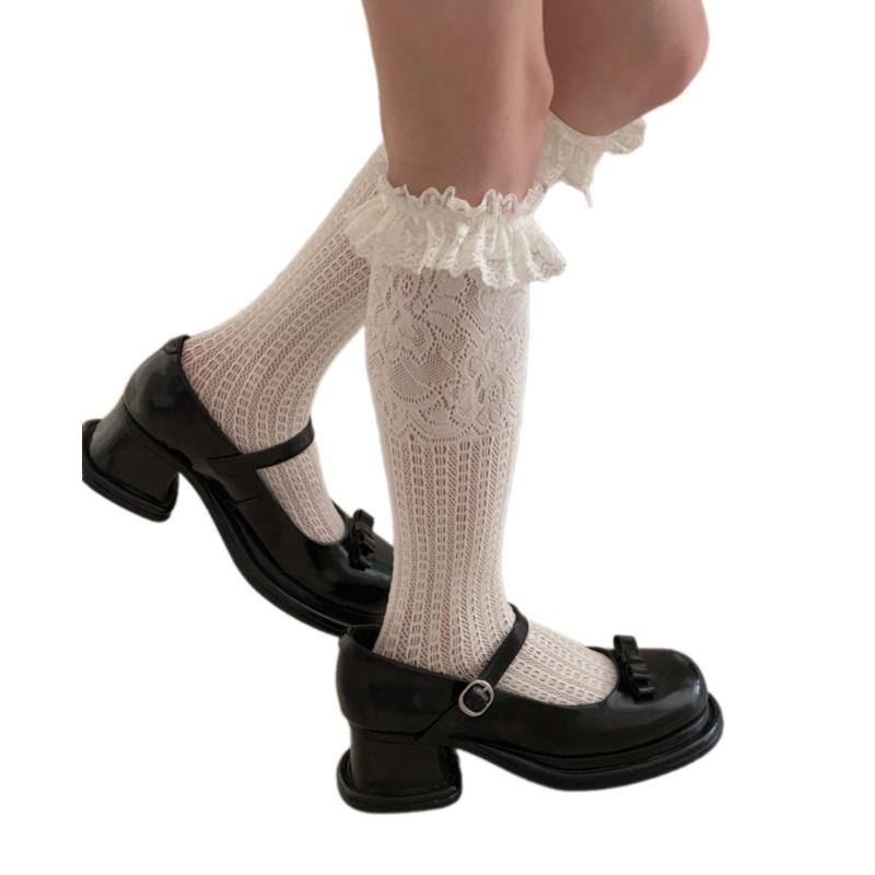 Women Knee Highs Fishnet Socks Ruffle Lace Hollowed out Calf Socks Mesh Socks Lolitas Fishnets Stockings Cosplay Costume