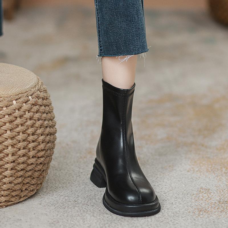 Martin boots women's British style 2024 autumn and winter new retro elastic thin boots velvet flat boots