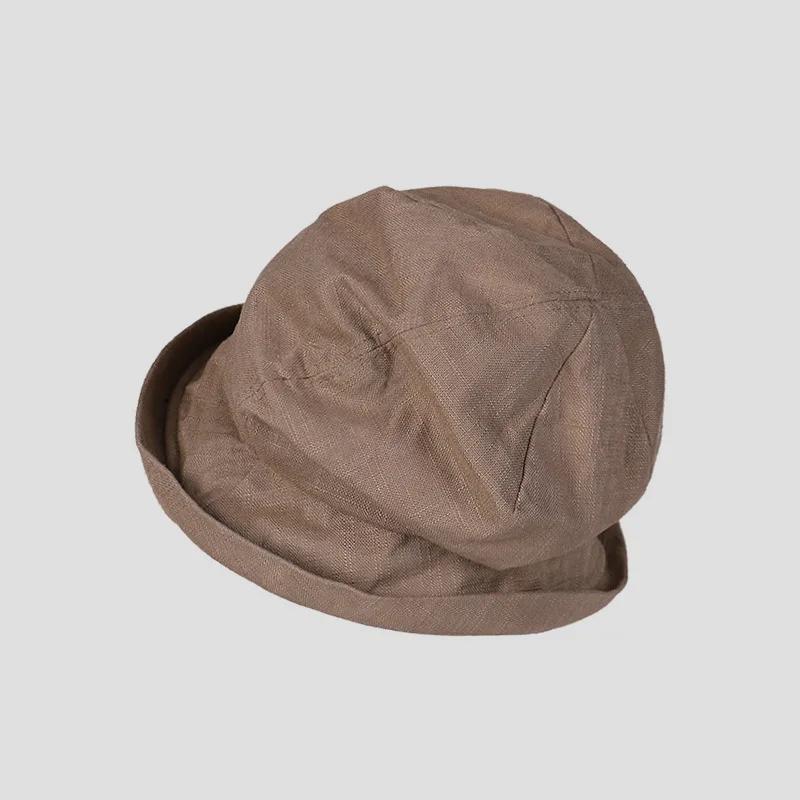 Japanischer Baumwoll-Leinen-Falten-Fischerhut für Damen, kleiner Schirm, Sommer, UV-beständig, atmungsaktiv, Leinen-Eimerhut, umwickelter Kopf, Damen 56-58cm gray
