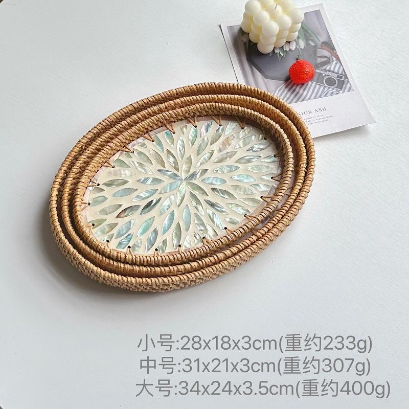 3Pcs Vintage Oval Handmade Rattan Woven Tray Nordic Natural Colorful Shells Weaving Fruit Storage Basket Breakfast Serving Trays