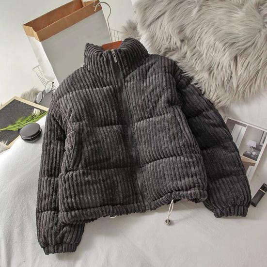 Damen Cord Pufferjacke Langarm Reißverschluss Gesteppt Daunenmantel Winter Verdickt Warm Gefüttert Oberbekleidung