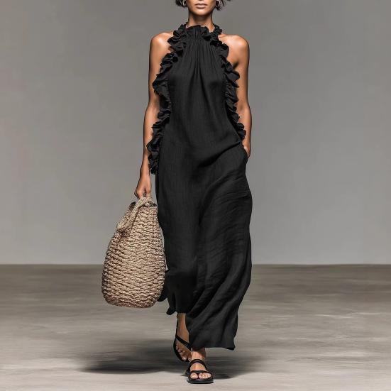 Summer Maxi Dress for Women Ruffle Halter Sleeveless Long A-Line Dress Casual Beach Vacation Flowy Sundress