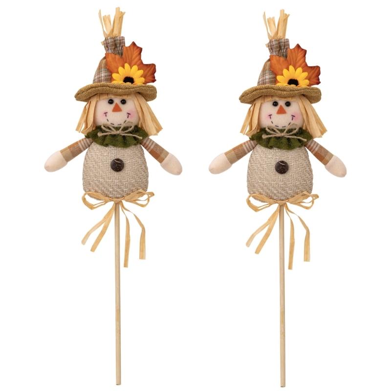 Set Of 2 Harvest Season Scarecrow Stick Puppets Thanksgiving Festives Decoration Handmade Scarecrow Stick Dolls Ornament