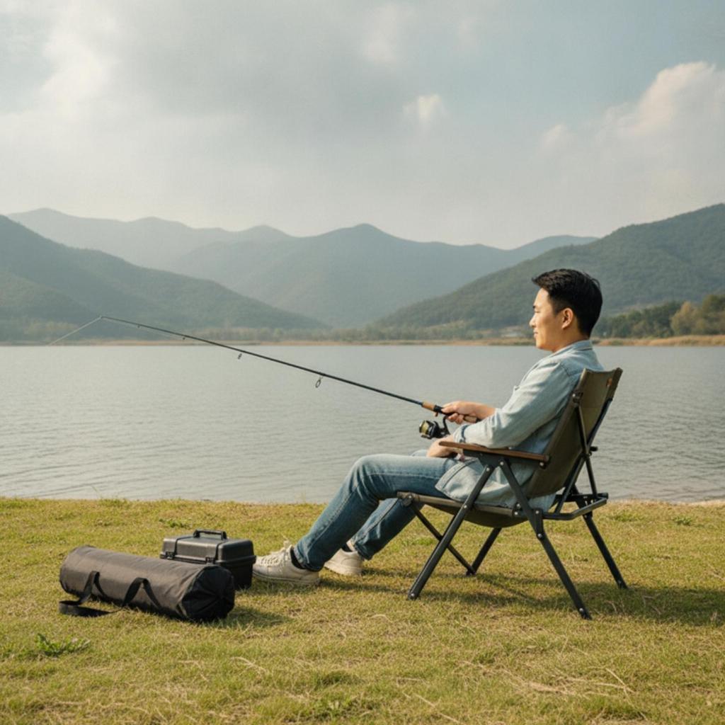 Outdoor Chair with Wooden Armrests Portable Folding Foldable for Campers,