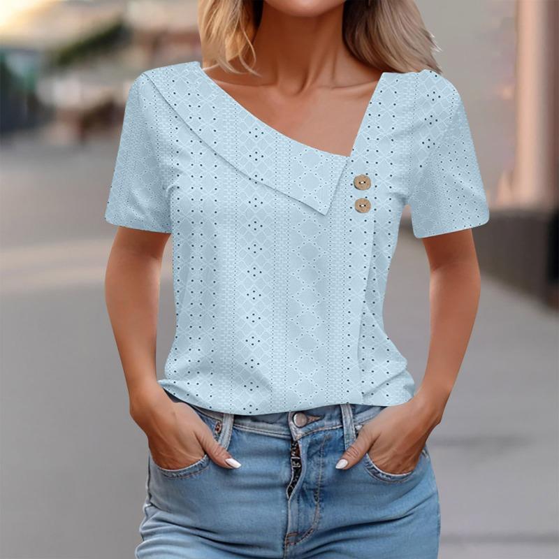 QICED Women's Fashion Casual Solid Color Print Short Sleeve Blouses & Shirts