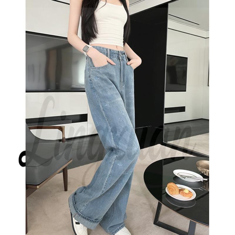 

Korean Style Embroidered Blue Flower Straight-Leg Slimming Wide-Leg Women s Pants XL