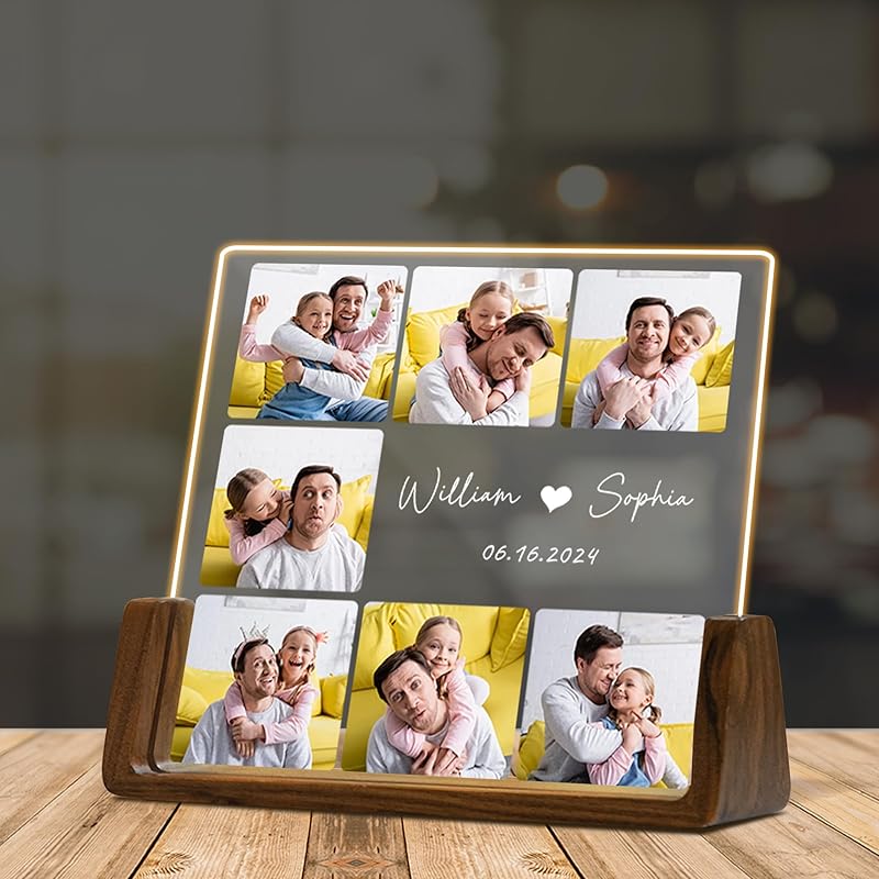 Custom Father's Day Gift for Dad, Photo Acrylic Plaque Personalized Night Light, Walnut Photo Frame with Night Light, Unique Romantic Birthday