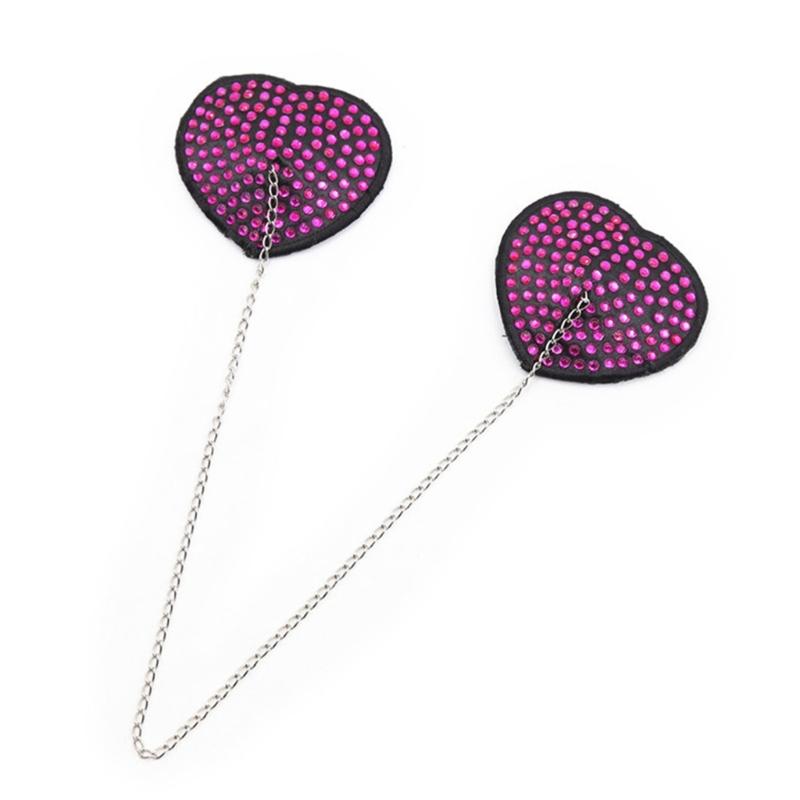 Women Adhesive Nipple Cover Rhinestones Heart Pasties with Metal Chain Reusable Chest Stickers Breast Cover Bra Petals