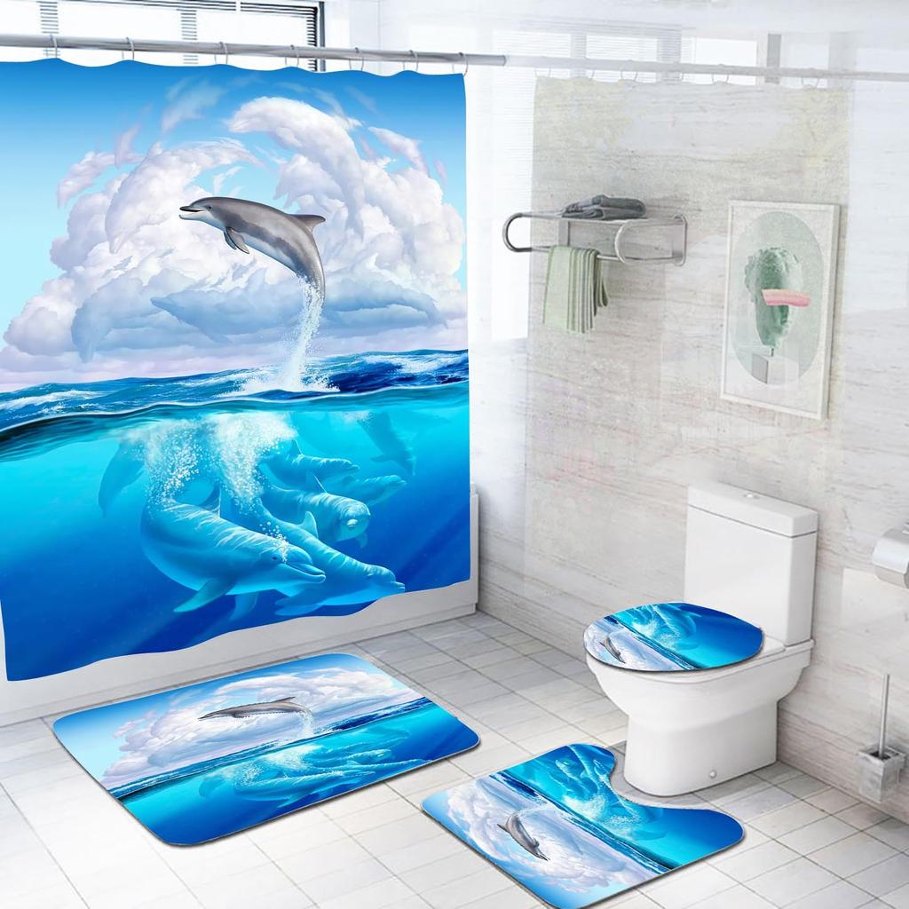 Digital Printing Shower Curtain Forest Moonlight Natural Scenery Map Bathroom Non-Slip Mat U-Shaped Mat And Shower Curtain Set