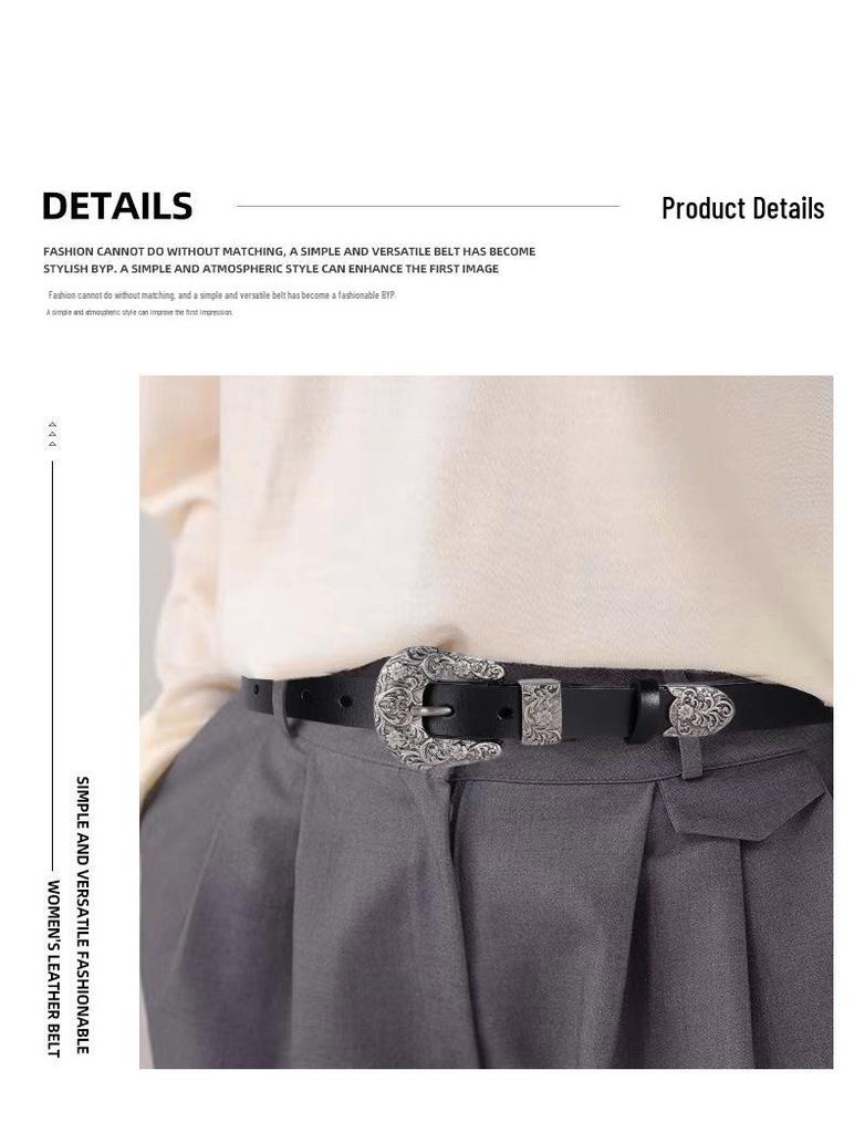 Women's Retro Carved Black Genuine Leather Belt with Pin Buckle