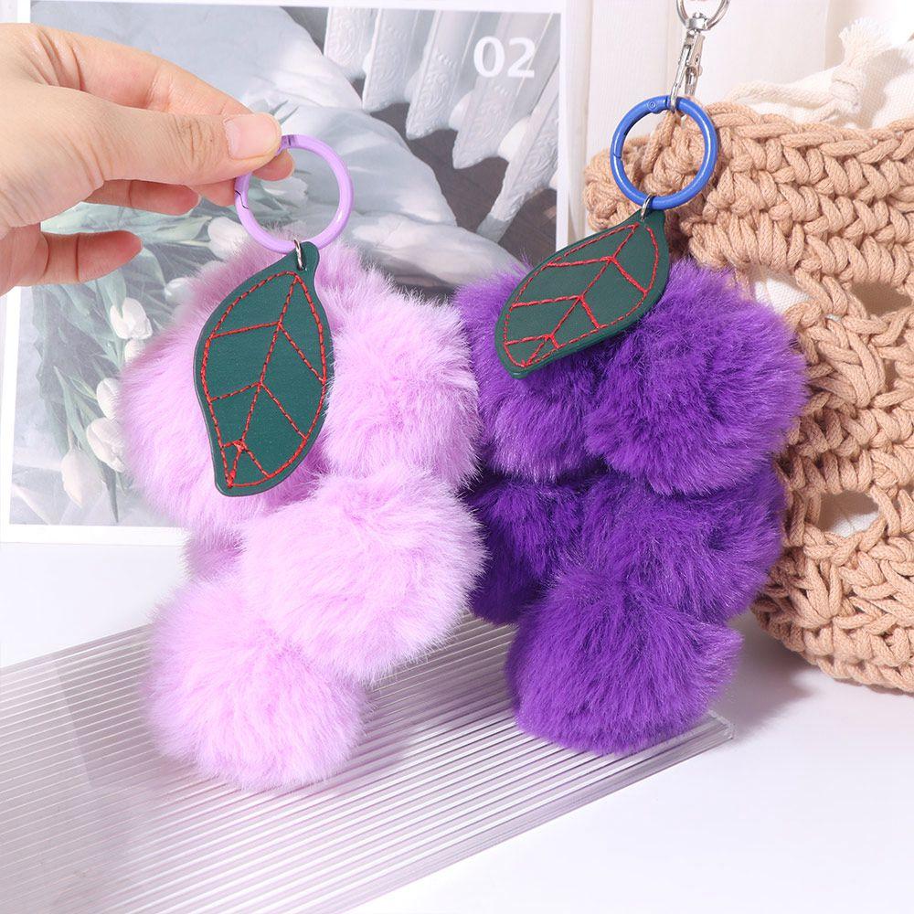 2Pcs Soft Plush Fruit Keychain Pendant Cute Pompoms Keyring Furry Grape Key Chain  for Girl