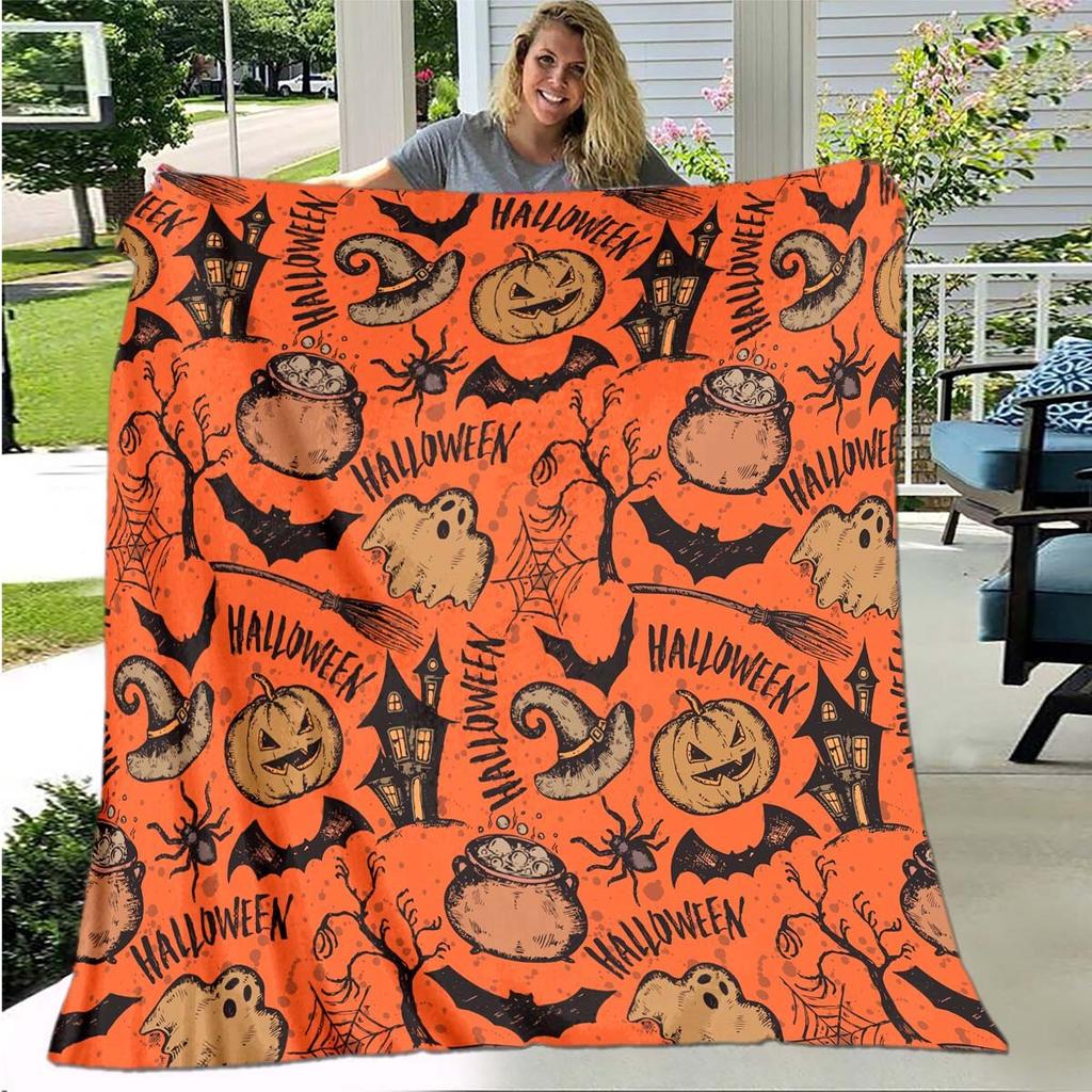 Halloween Ghost Pumpkin Cartoon Digitalprinted Polyester Velvet Flannel Cover Blanket Fleece Soft Sofa Cover Blankets for Beds