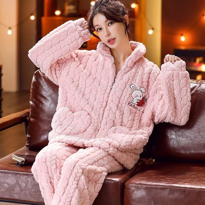 Winter Pajamas Ladies Coral Velvet Flannel Thickened Plus Sleepwear Women Household Clothing Set Famale Zipper Suit Outsidewear
