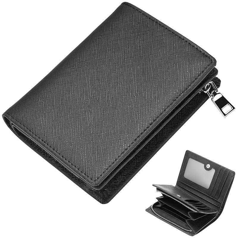 

[ANZOBEN] wallet men s bifold compact genuine leather folding wallet large capacity multifunctional card case coin purse fastener With case black