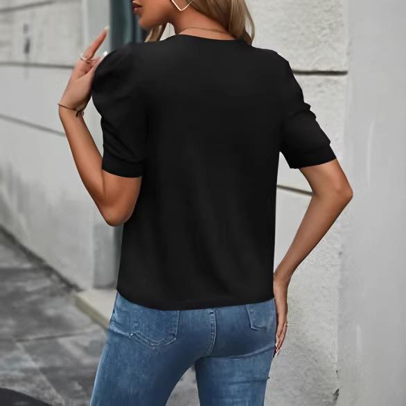2026 Sommer Damen Vielseitiges Lässiges T-Shirt mit Puffärmeln und Rundhalsausschnitt