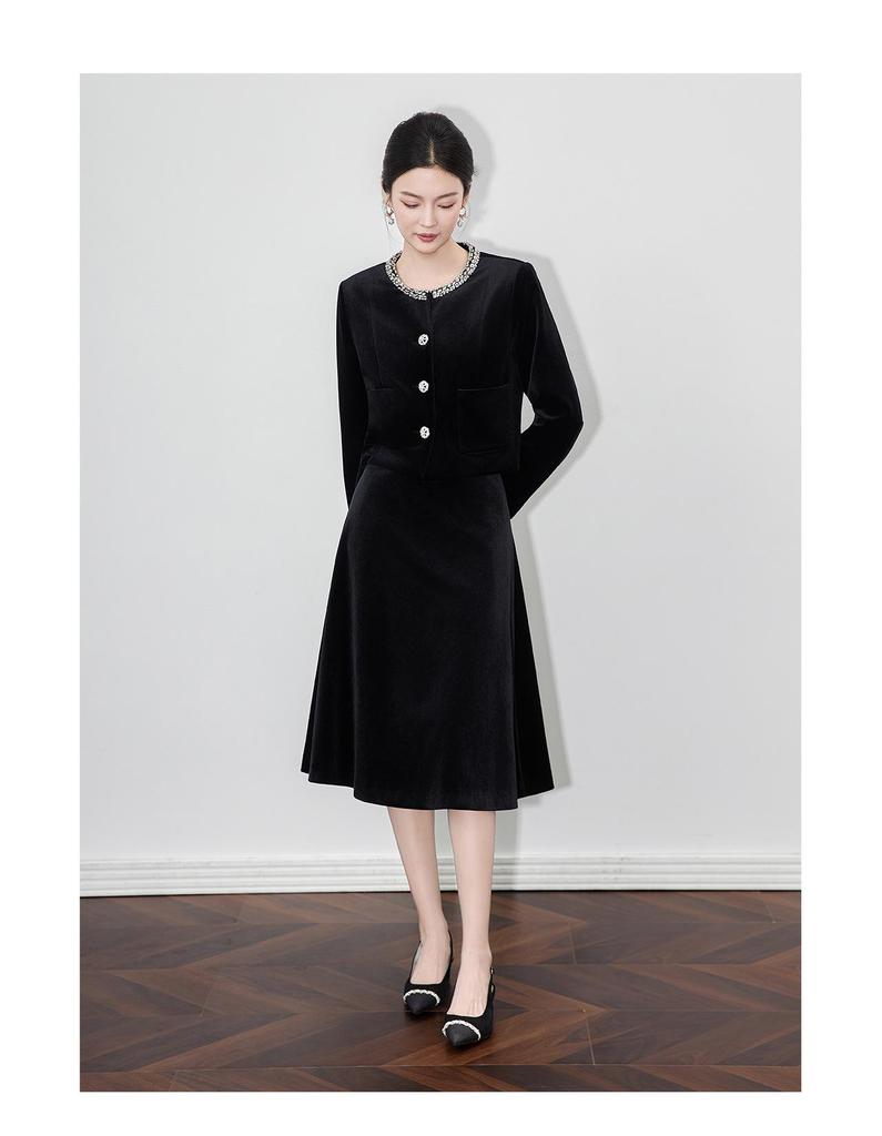 French Chic Beaded Velvet Jacket & Swing Midi Skirt Set