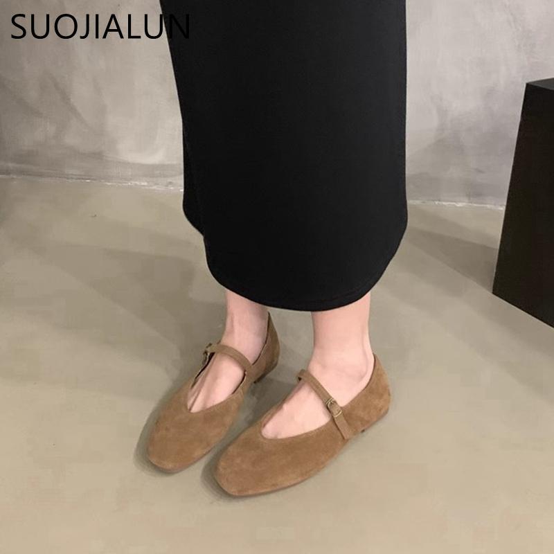 Fashion SUOJIALUN 2024 Autumn Women Flat Shoes Fashion Round Toe Ladie Ballerinas Shoes Soft Flat Heel Outdoor Casual Mary Jane Shoes