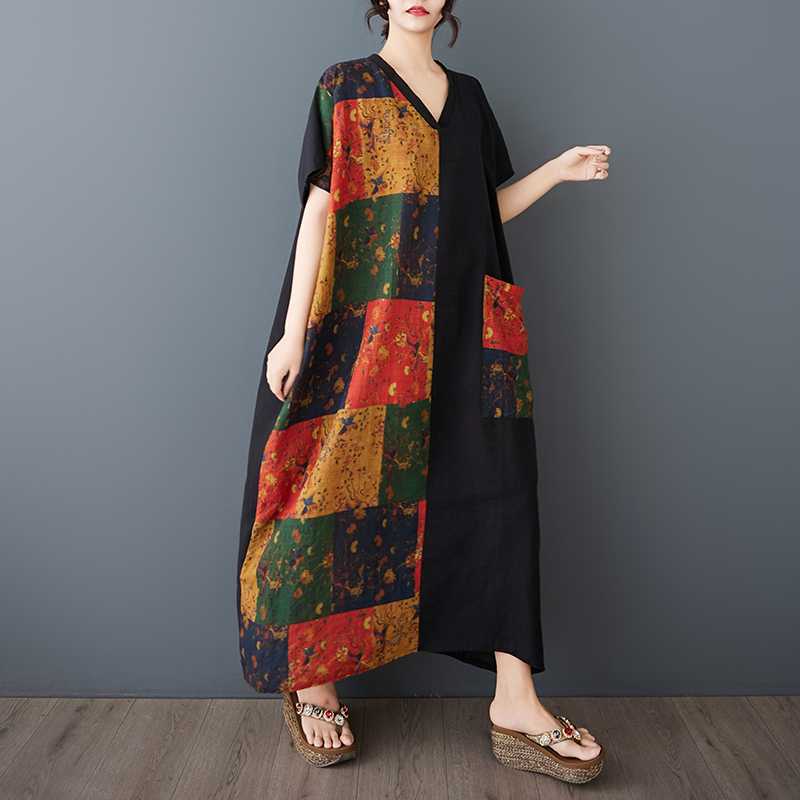 Women's Cotton and Linen Retro Slimming Short Sleeved Color Blocked Dress