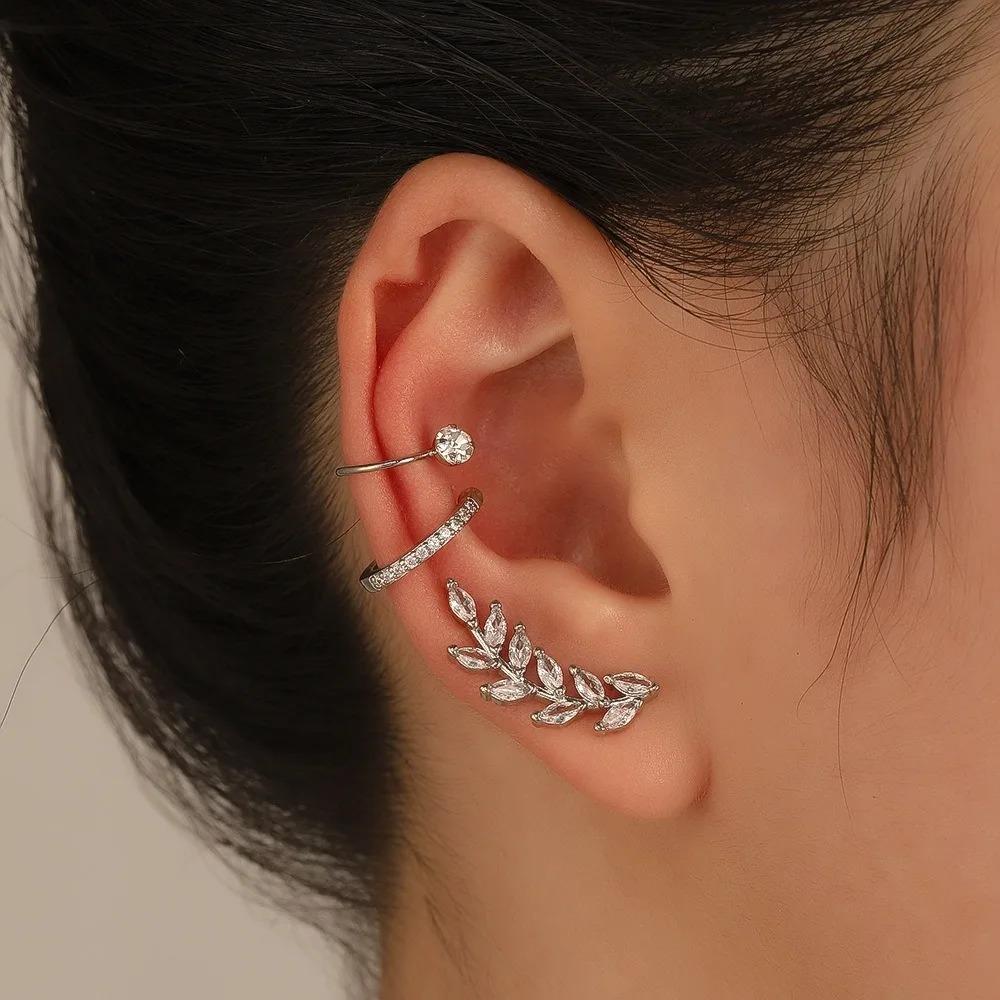 3pcs Set Temperament Charm Sparkly Inlaid Zircons Leaf Flower Sunflower Stud Earrings No Ear Piercing Ear Clip for Women Jewelry