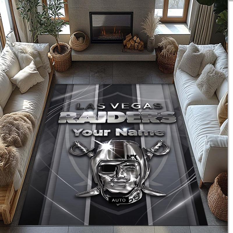 Las Vegas Raiders Crystal Velvet Rug, Custom Name Text Personalized Non‑Slip Floor Mat for Home Decor Gift