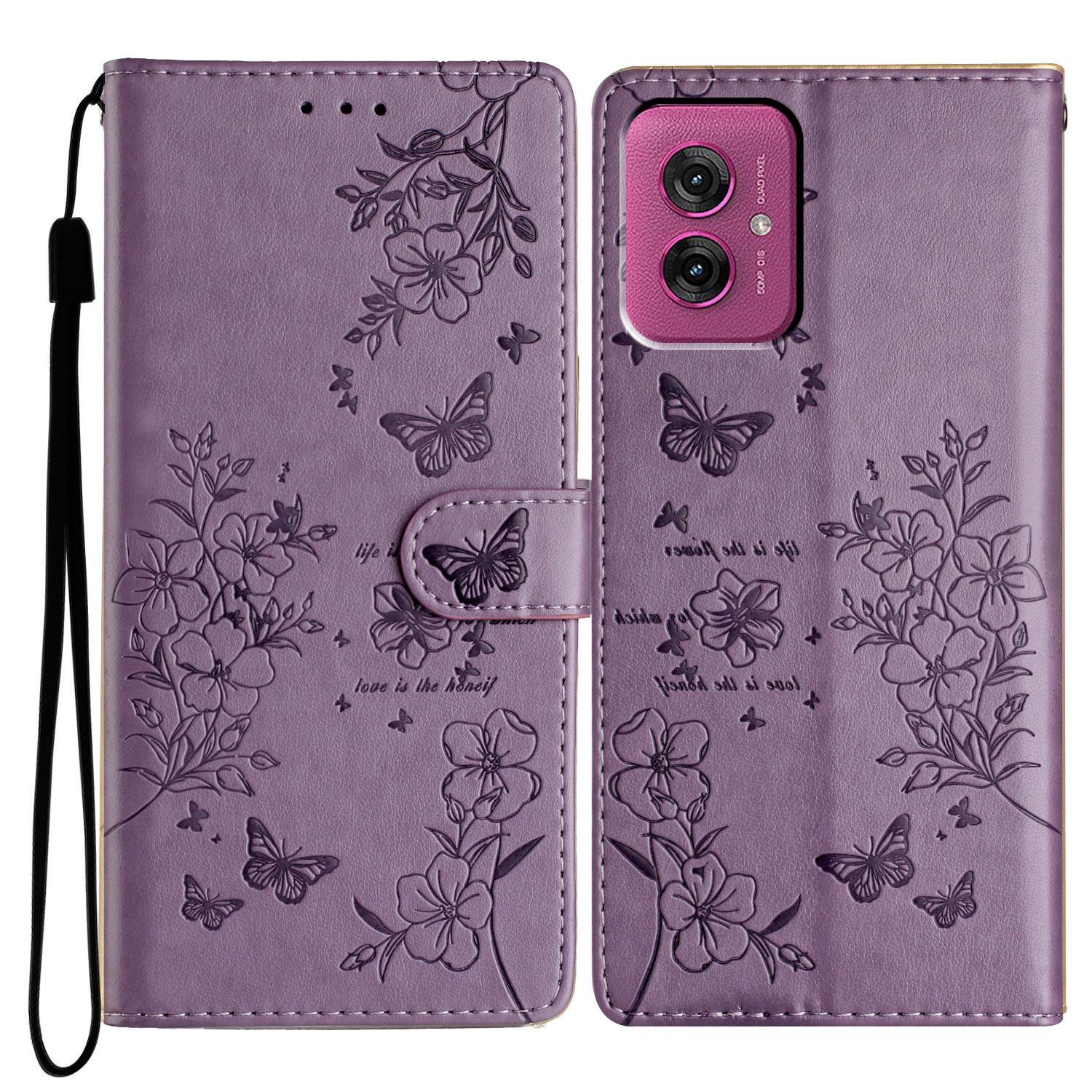 

For Motorola Moto G55 5G Wallet Phone Case Butterfly Floral Imprint Leather Flip Cover Purple